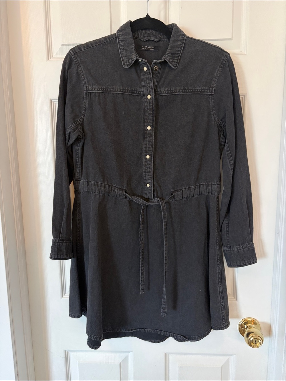 All Saints Charcoal Denim Button-Front Tie-Waist Shirt Dress